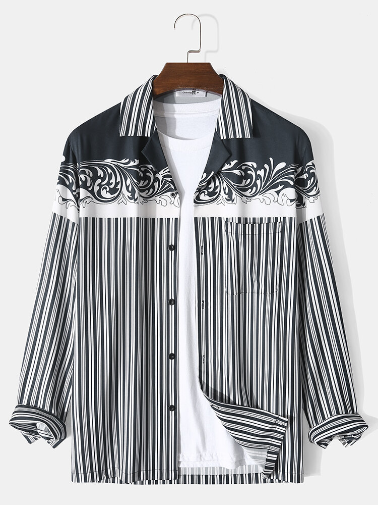Mens Baroque Pinstripe Print Camp Collar Loose Long Sleeve Shirts
