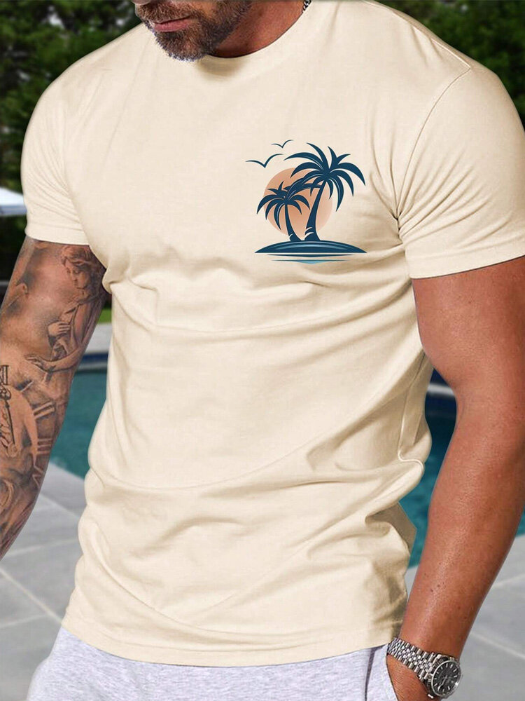 Mens Coconut Tree Landscape Print Crew Neck Short Sleeve T-Shirts