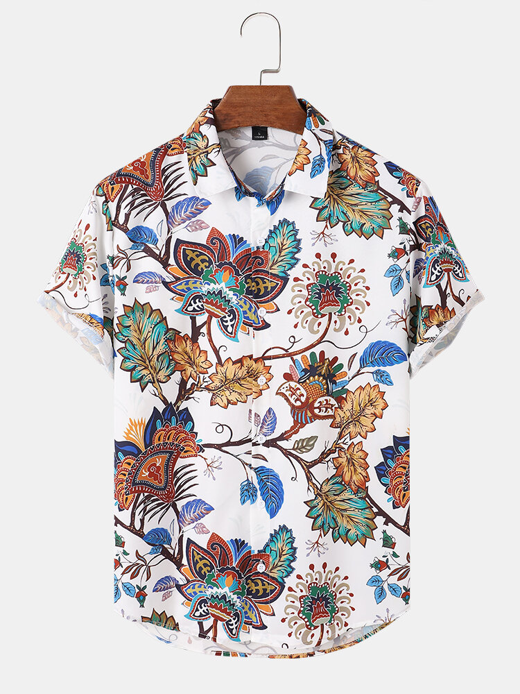 Mens All Over Colorful Floral Print Holiday Short Sleeve Shirts