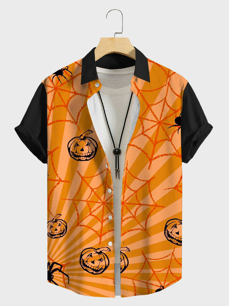 

Mens Halloween Pumpkin Spider Web Print Patchwork Short Sleeve Shirts, Orange