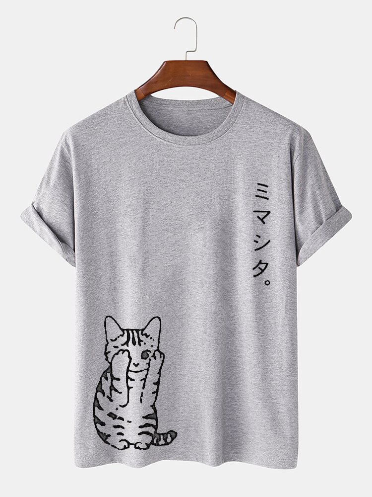 Mens Cute Japanese Cat Print Crew Neck Short Sleeve T-Shirts