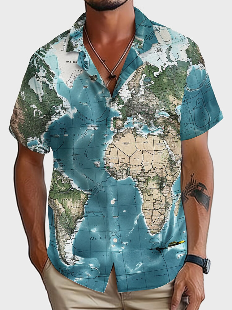 

Mens Allover Navigation Map Print Revere Collar Short Sleeve Shirts, Blue