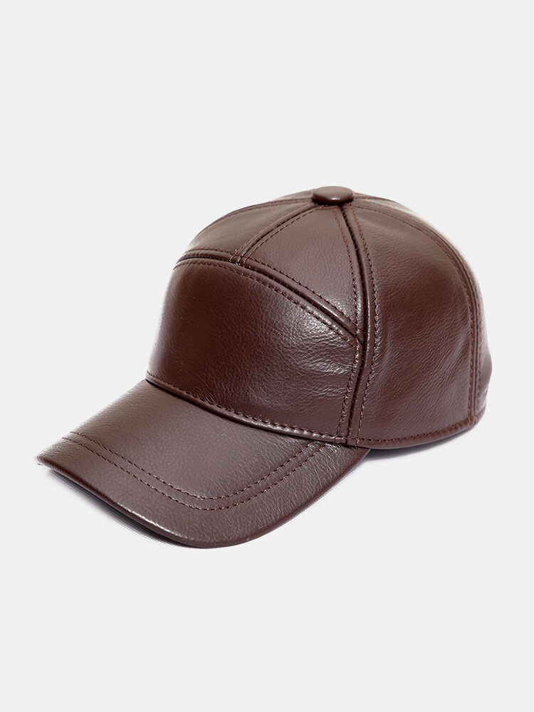 Men Cow Leather Lacquered Solid Color Patchwork Dome Outdoor Sunshade Windproof Driving Hat Baseball Cap
