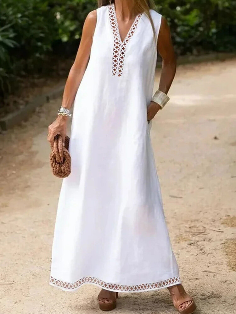 Vestido feminino liso sem mangas de algodão com decote em V