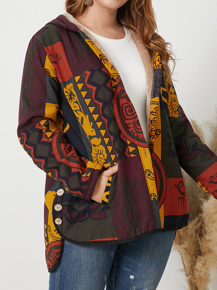 Plus Size Ethnic Pattern Patchwork Button Thermal Lined Coat