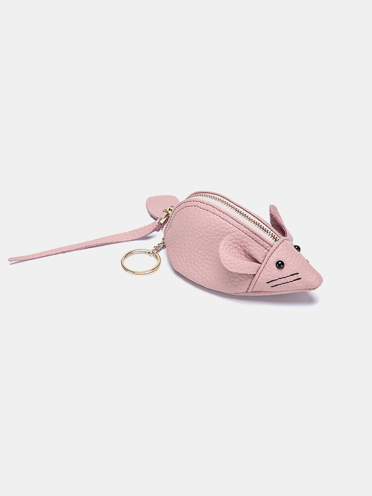 Women Genuine Leather Cute Animal Mouse Pattern Keychain Wallet Coin Bag Storage Bag