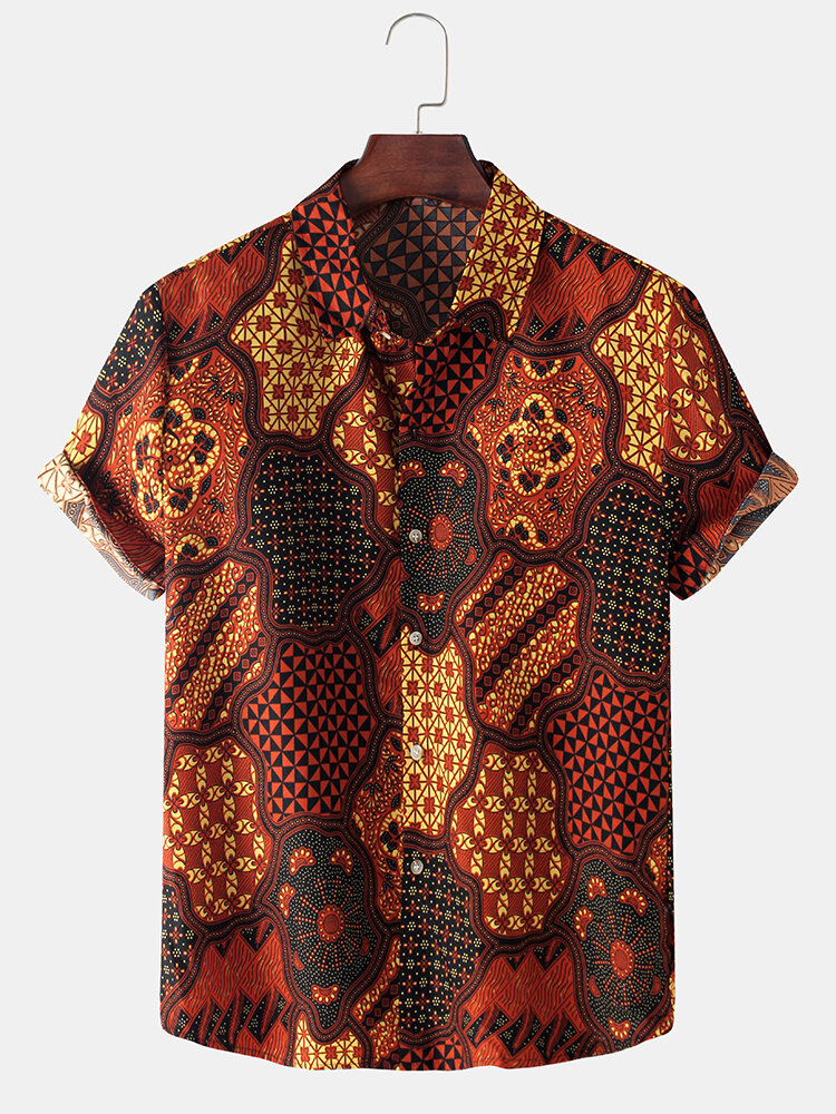 Mens Ethnic Style Bandana Print Breathable Light Short Sleeve Shirts