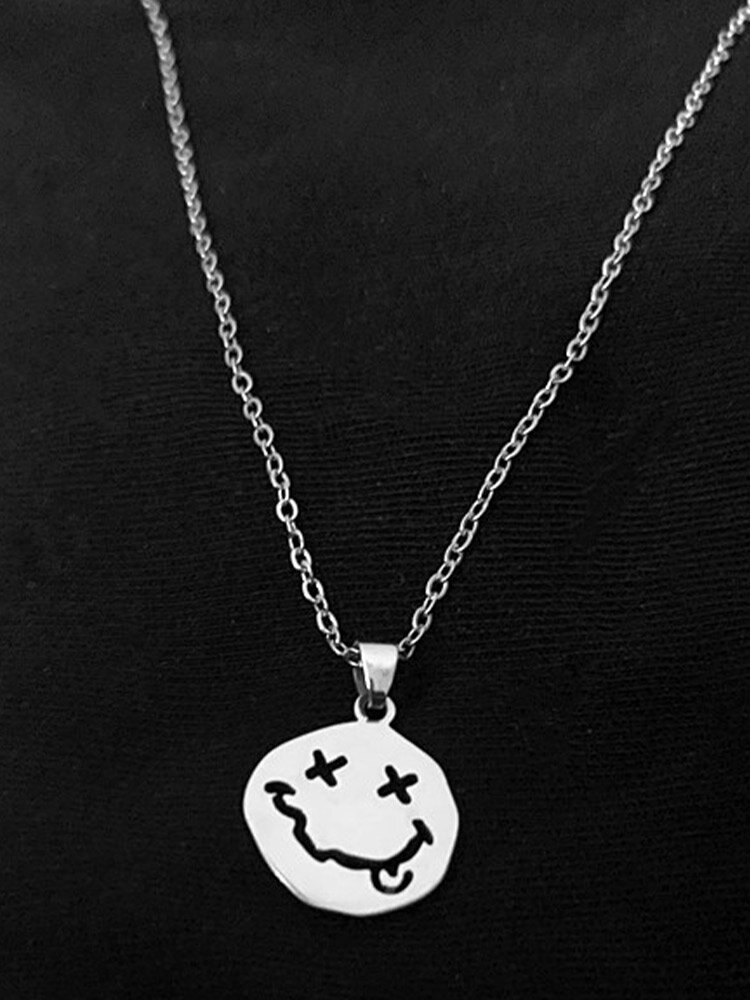 Trendy Simple Hollow Irregular Smile Face Pendant Titanium Steel Necklace