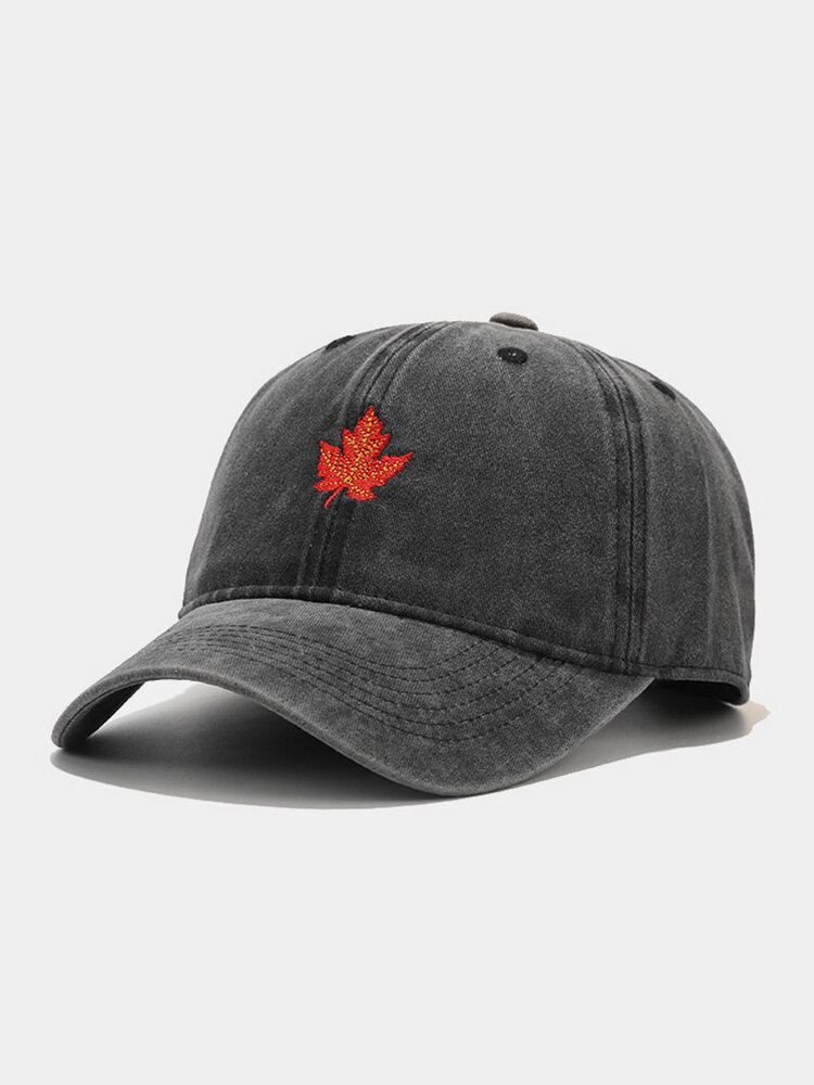 Unisex Washed Distressed Cotton Red Maple Leaf Embroidered Vintage Sunshade Baseball Cap