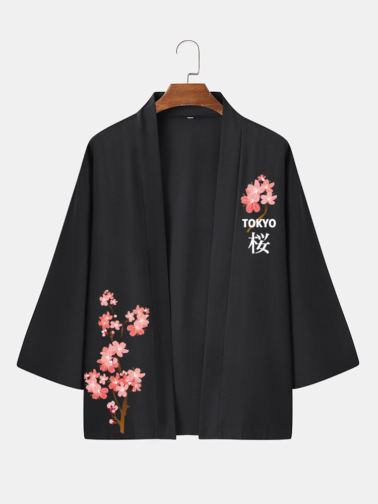 Mens Floral Tokyo Printed Open Front Loose Black Kimono