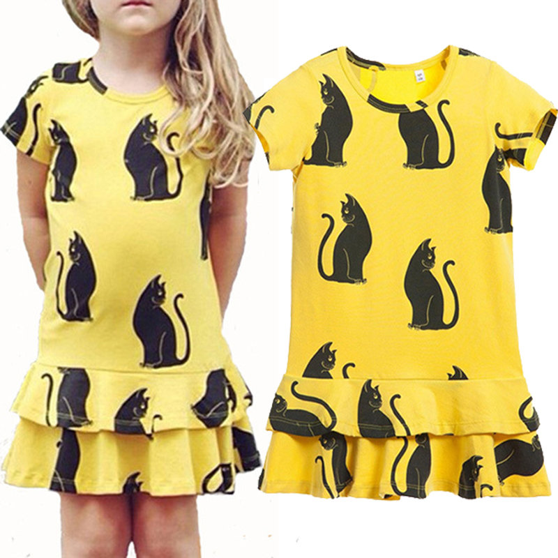 

Cat Pattern Toddler Girls Casual School Fish Tail Princess Dress For 2Y-9Y, Yellow