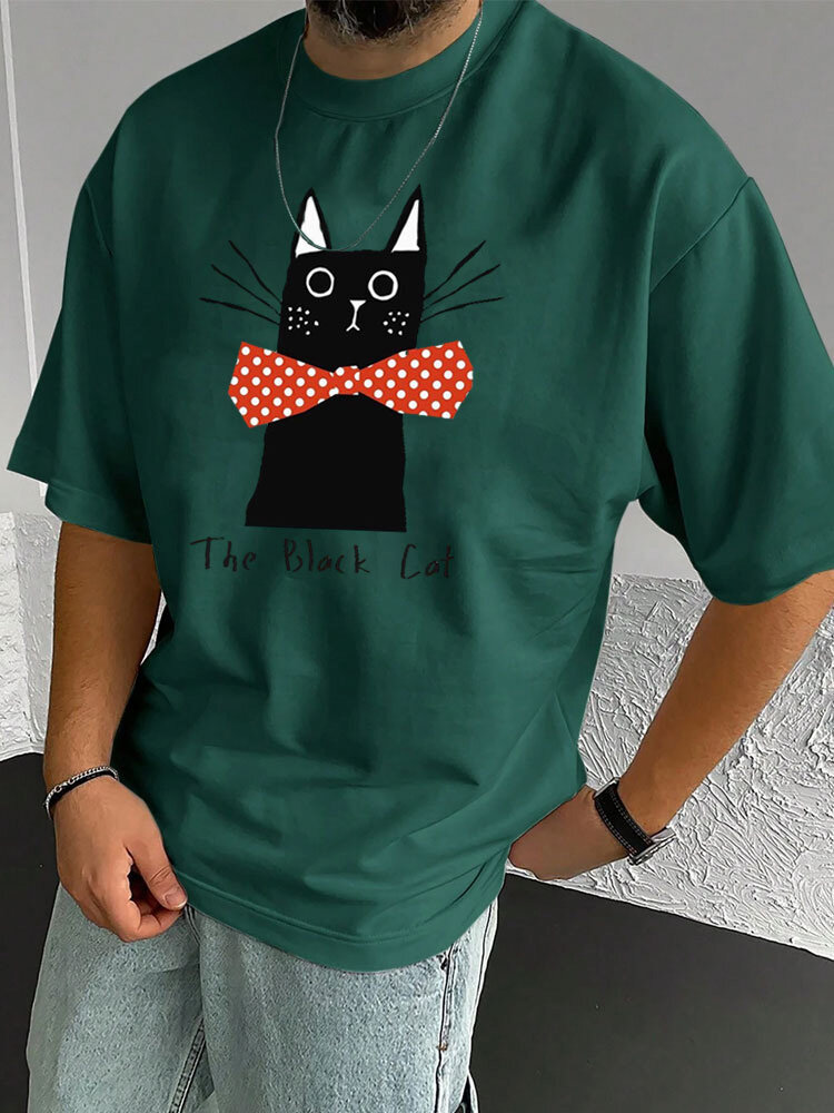 Mens Cute Cat Print Crew Neck Casual Camisetas de manga curta inverno