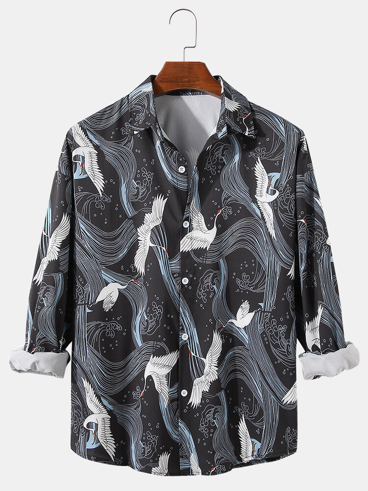 

Mens All Over Flying Crane Print Casual Long Sleeve Shirts, White;black