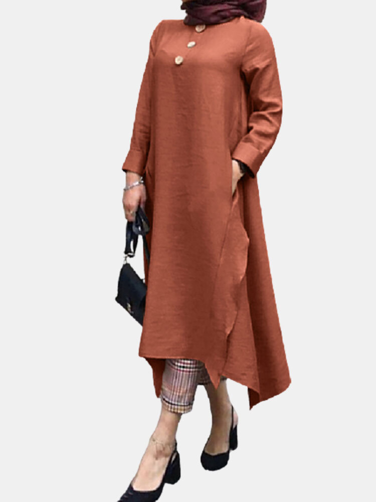 Asymmetrical Solid Color Long Sleeve Plus Size Dress with Pockets