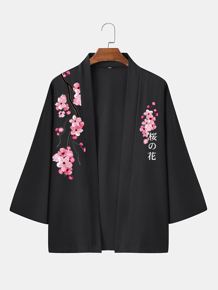 Mens Cherry Blossoms Japanese Print Open Front Loose Black Kimono