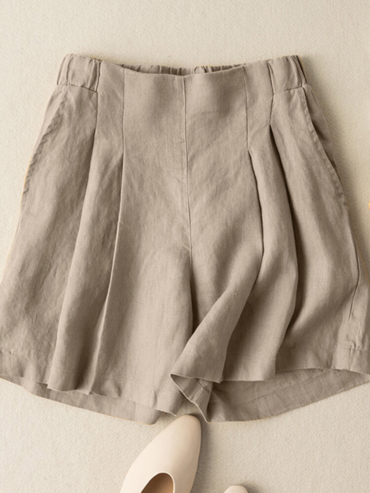 Solid Ruched Pocket Casual Cotton Shorts