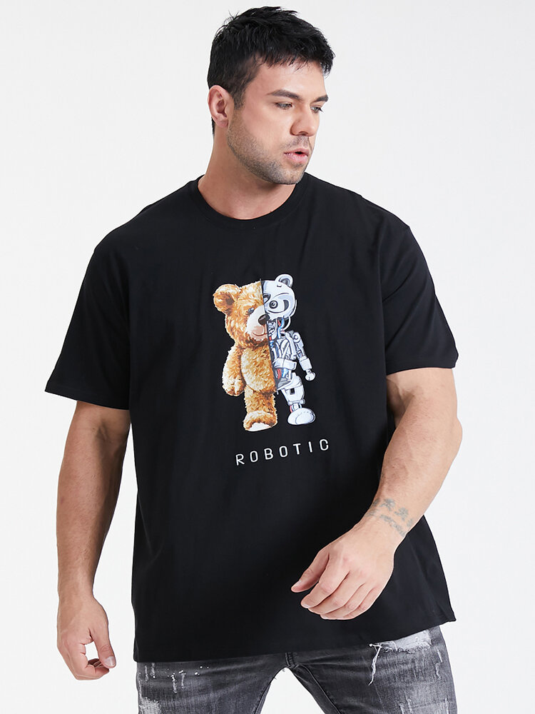 Plus Size Mens Mechanical Bear Graphic Print Fashion Cotton T-Shirt