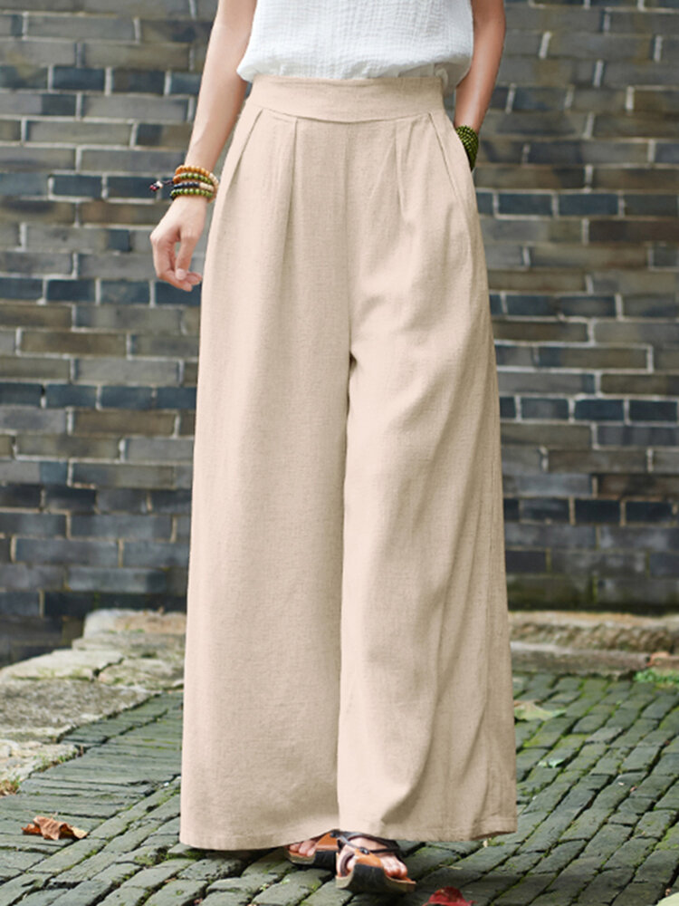 Casual Solid Pocket Wide Leg Pants For Women