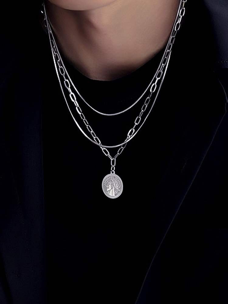 Trendy Simple Carved Human Face Round Pendant Multi-layer Snake Bone Chain Titanium Steel Necklace