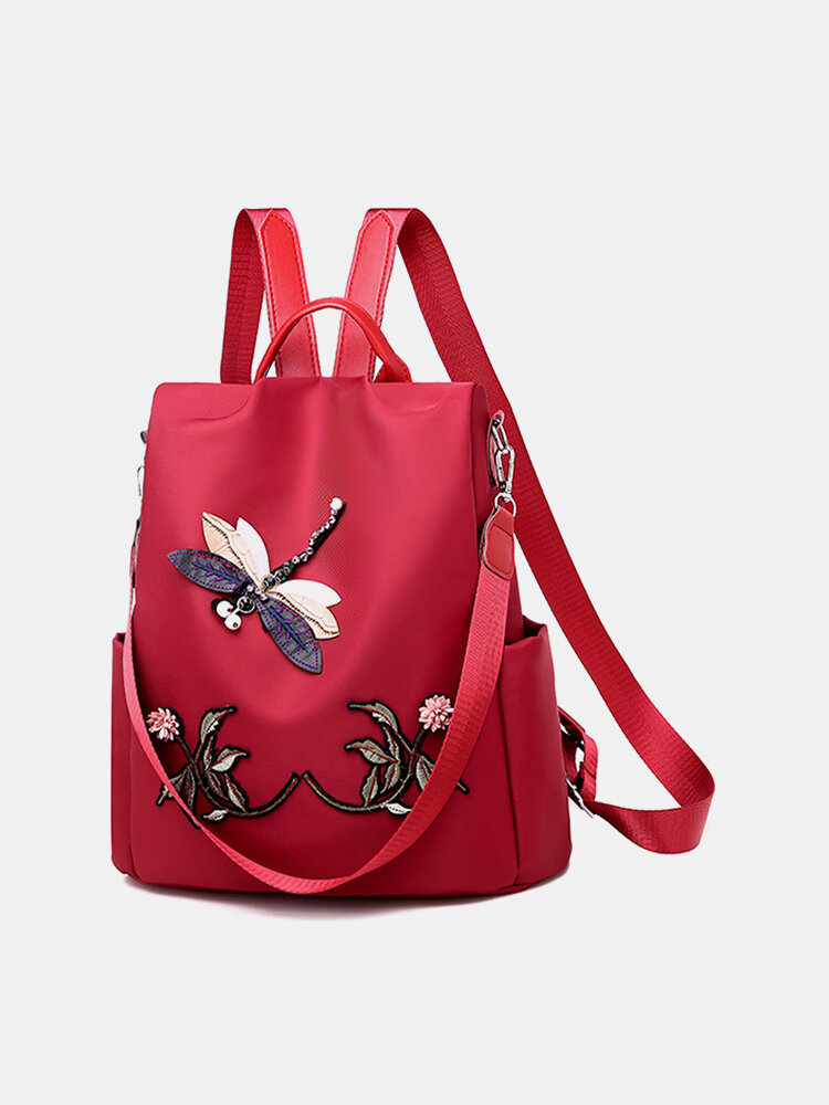 

Women Multi-carry Chinese Style Dragonfly Embroidered Large Capacity Calico Backpack Crossbody Bag, Red;black;khaki