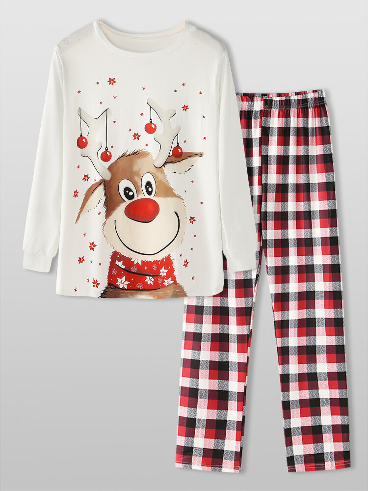 Cartoon Christmas Elk Print Long Sleeves & Plaid Pants Casual Loose Home Loungewear Set For Men