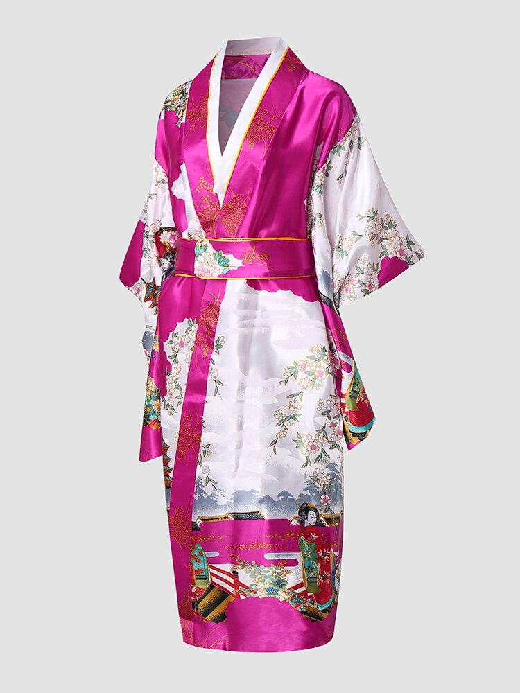 Damen Satin im Kimono-Stil Bowknot Schalkragen Calf Länge Soft Roben