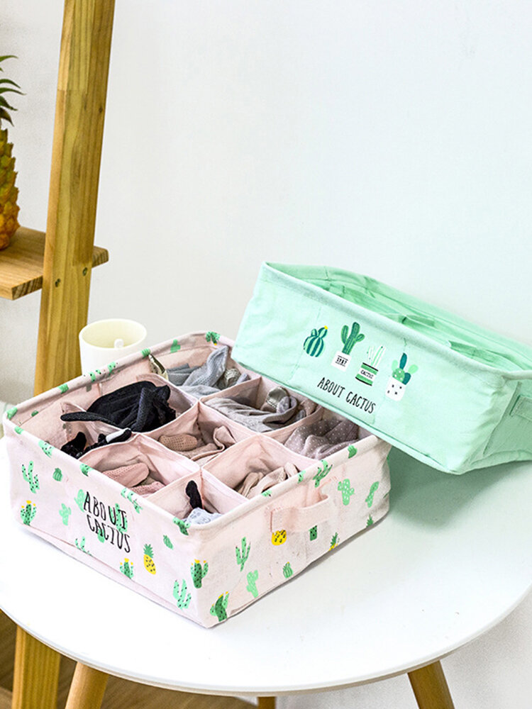 

9 Grid Cactus Waterproof Cotton Underwear Socks Storage Box Sundries Basket, Green;black;pink