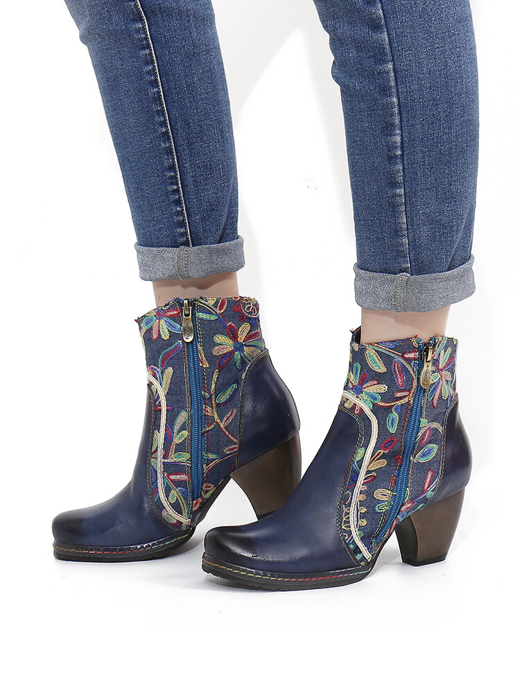 

SOCOFY Genuine Leather Flower Embroidered Splicing Comfy Round Toe Wearable Chunky Heel Short Boots, Blue