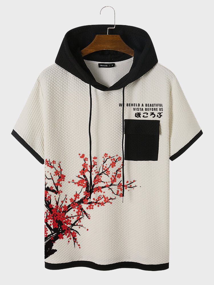 Mens Japanese Floral Print Patchwork Short Sleeve Hooded T-Shirts
