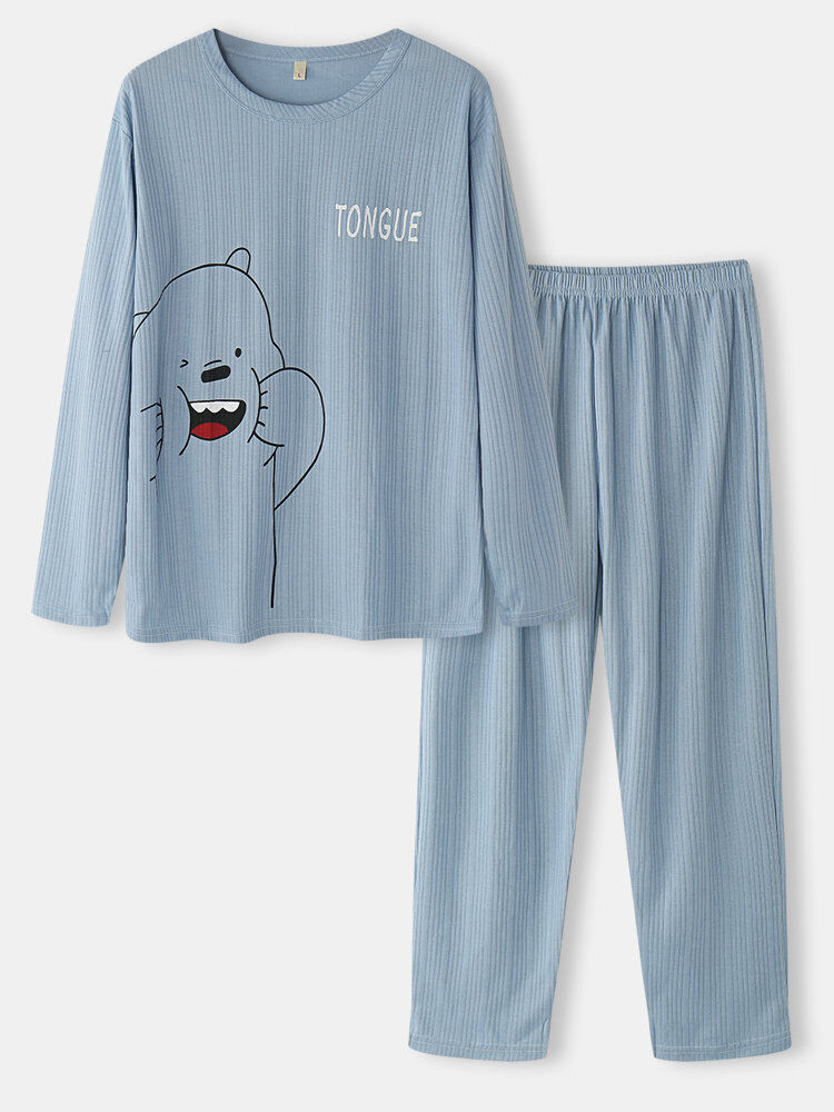 

Women Cartoon Animal Letter Print Crew Neck Cotton Ribbed Pajamas Sets, Blue