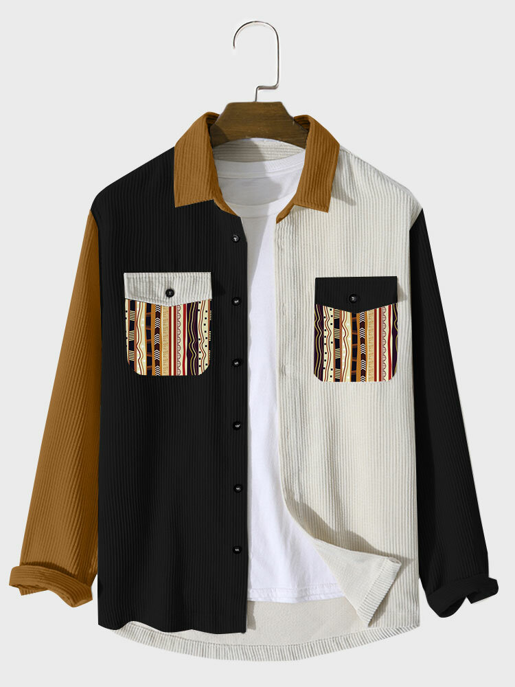 

Mens Ethnic Pattern Flap Pocket Patchwork Corduroy Long Sleeve Shirts, Brown