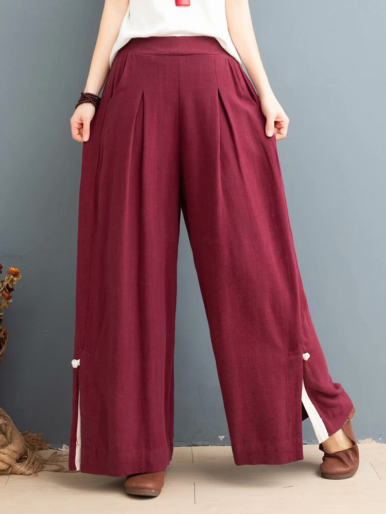 Solid Color Elastic Waist Wide Leg Pant With Pocket