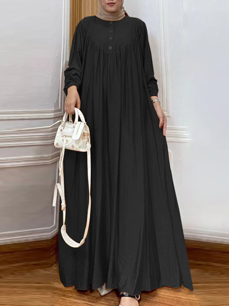 Women Solid Pleated Half Button Long Sleeve Muslim Maxi Dress