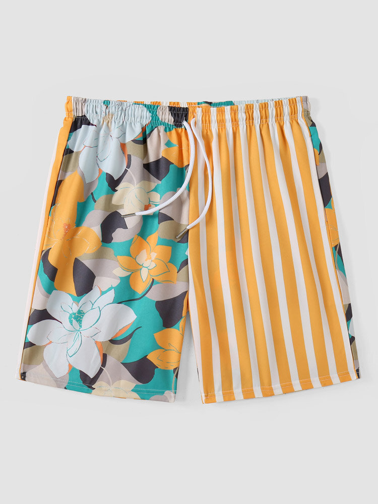 Men Floral & Striped Pattern Wide Legged Quick Dry Board Shorts