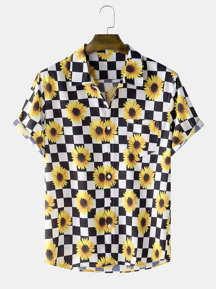 Mens All Over Daisy Checkered Print Chest Pocket Street Shirt