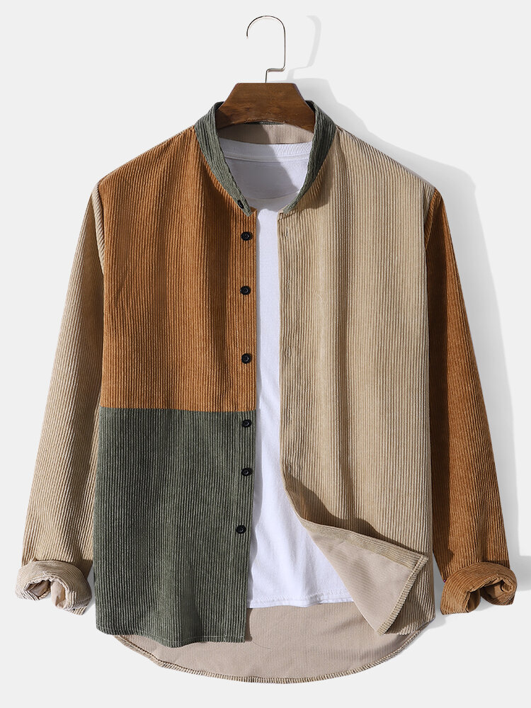 Mens Corduroy Colorblock Patchwork Stand Collar Casual Long Sleeve Shirts
