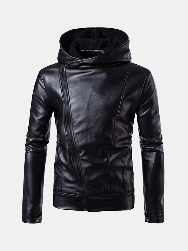 

PU Leather Diagonal Zipper Jacket, Black