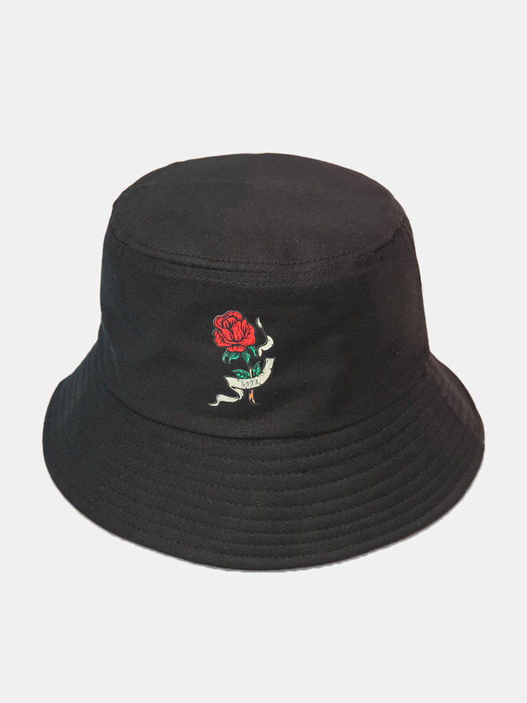 Unisex Cotton Solid Color Red Rose Print Simple Sunscreen Bucket Hat
