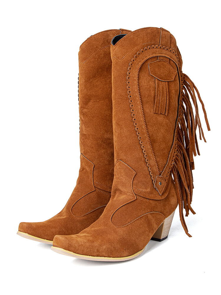 Women's Plus Size Pointed Toe Tassel Thick Heels Mid-Calf Cowboy Boots