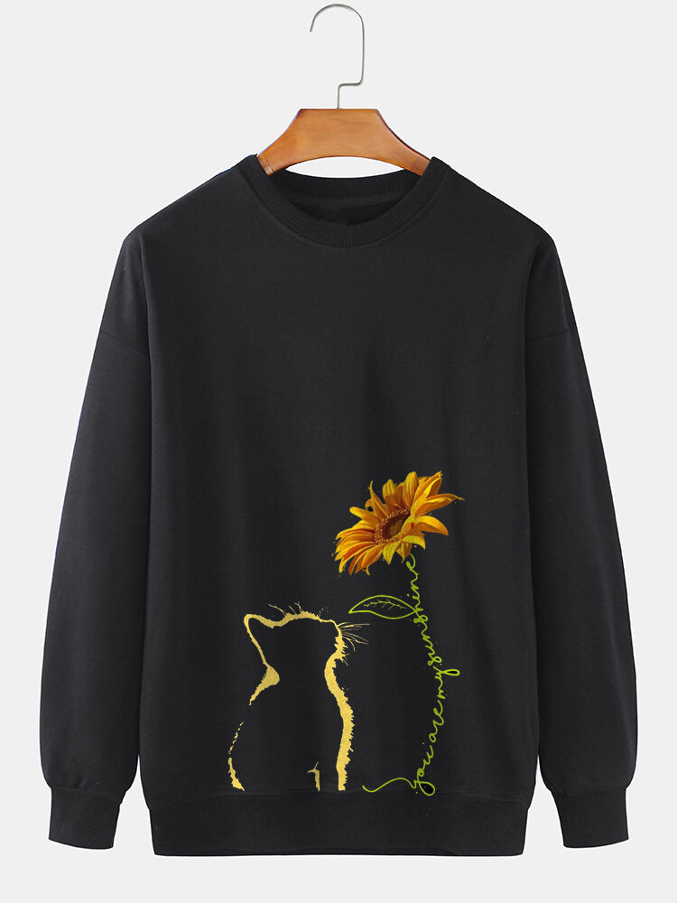 Mens Cat Sunflower Print Crew Neck Pullover Sweatshirts