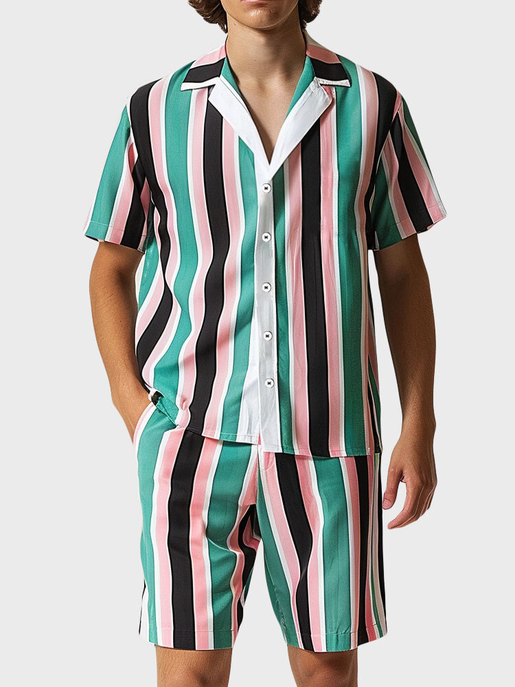 

Mens Striped Revere Collar Short Sleeve Two Pieces Outfits, Cyan