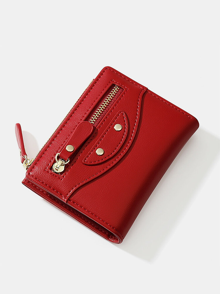 Women Artificial Leather Elegant Zip Design Multi-compartment Wallet Colorful Brief Bi-fold Short Purse