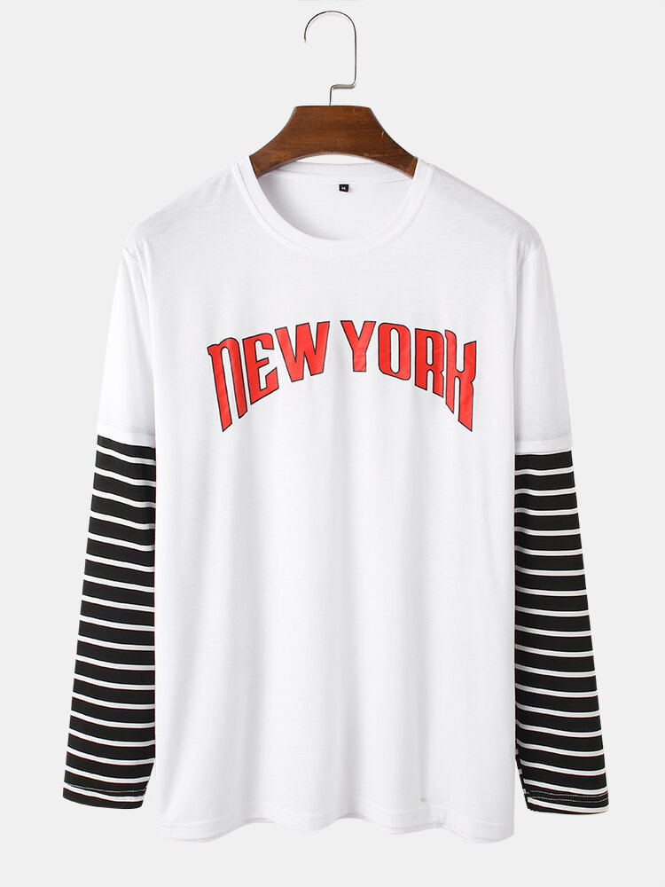 Mens 100% Cotton Letter Print Round Neck Striped Stitching Long Sleeve T-Shirts