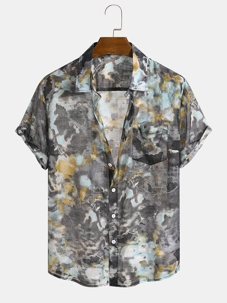 Mens Tie Dye Print Button Up Short Sleeve Shirts With Pocket