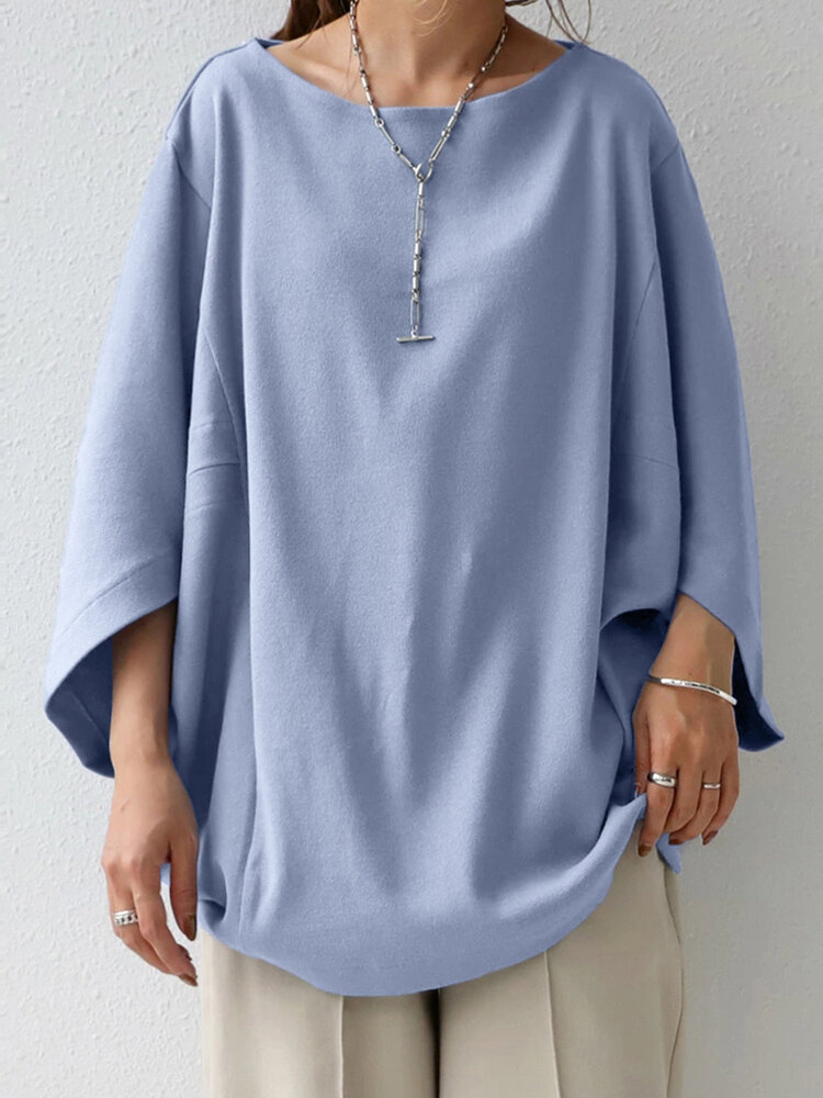 Solid Dolman Sleeve Loose O-neck Casual Women Blouse