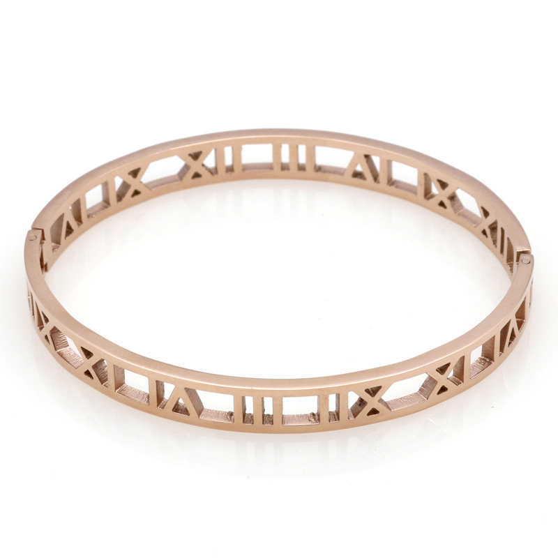 

Fashion Hollow Roman Number Bangle Bracelets Titanium Steel Charm Gold Bracelets for Women for Men, Steel color;rose gold;gold