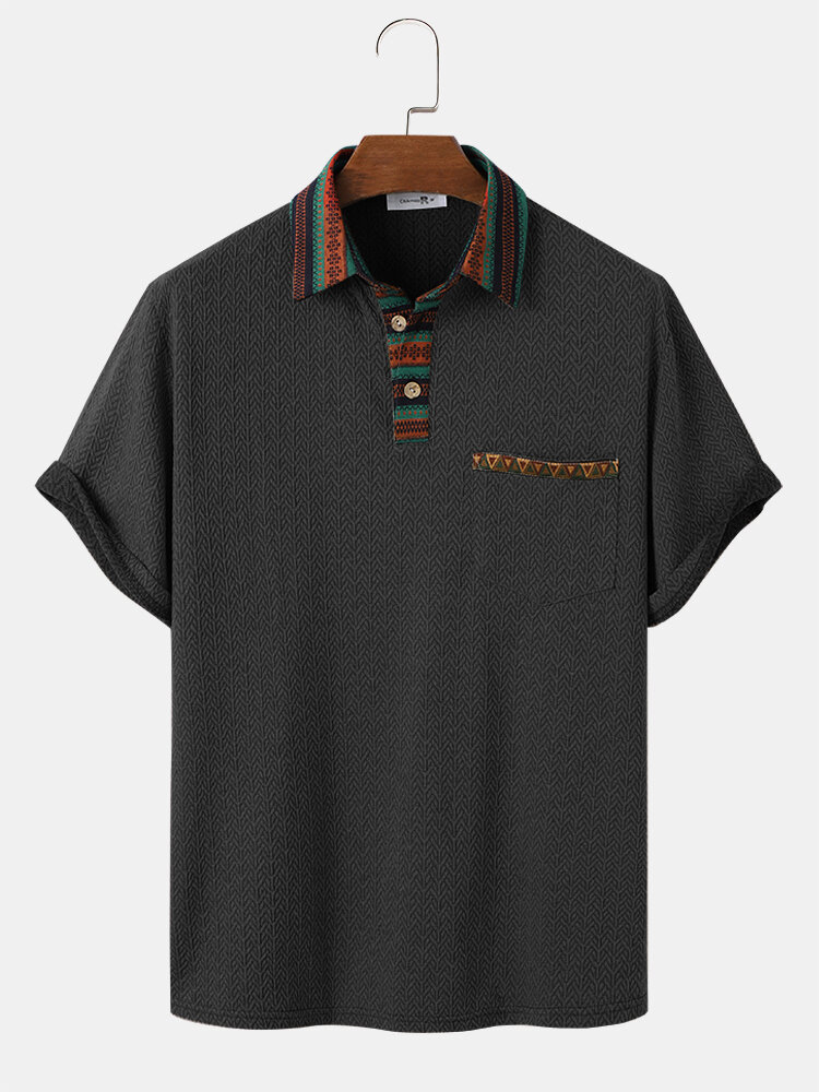 

ChArmKpr Mens Ethnic Pattern Collar Texture Short Sleeve Golf Shirts With Pocket, Khaki;black;blue