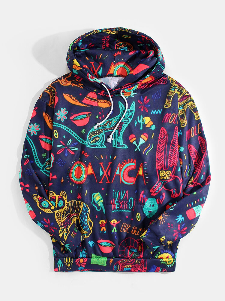 Mens Funny Abstract Cat Print Loose Leisure Drawstring Pullover Hoodie