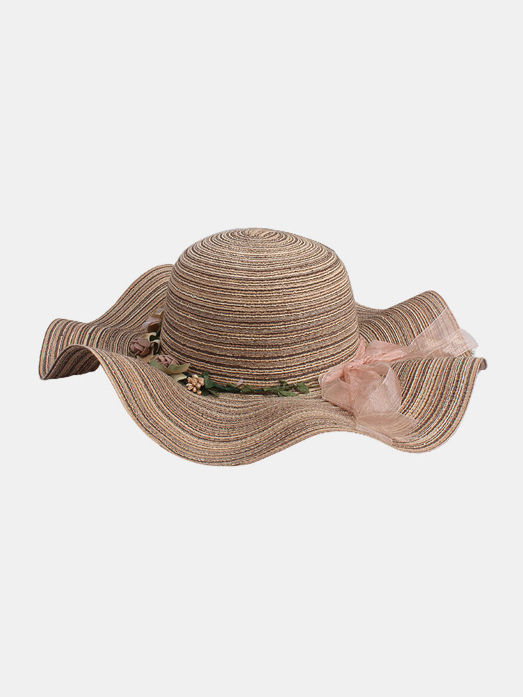 Women Flower Bowknot Decoration Wave Hat Wide Brim Sunscreen Straw Hat