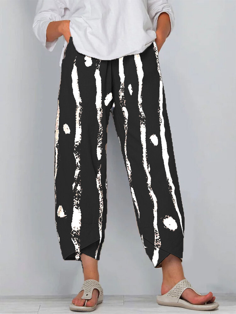 Striped Polka Dot Printed Elastic Waist Pants For Women